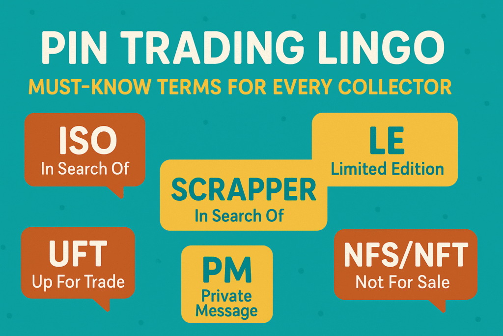 Pin Trading Terms Pin Trading Terms in speech bubbles on a teal background