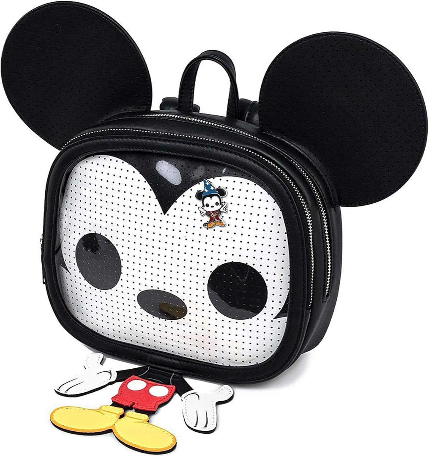 Home a black and white pin collector backpack with a cartoon mouse face